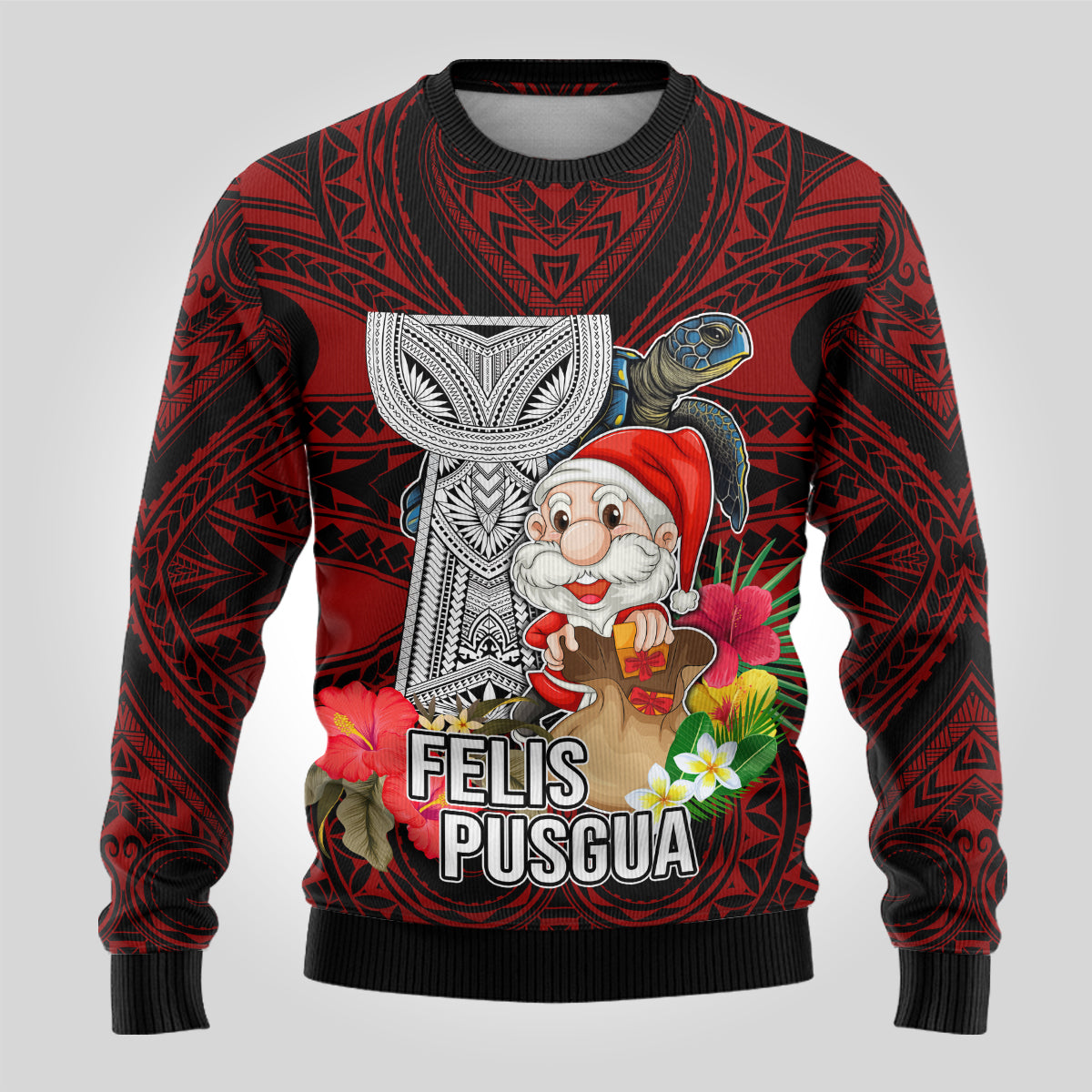 Custom Guam Christmas Ugly Christmas Sweater Santa Gift Latte Stone and Sea Turle Mix Hibiscus Chamorro Red Style LT03 - Polynesian Pride