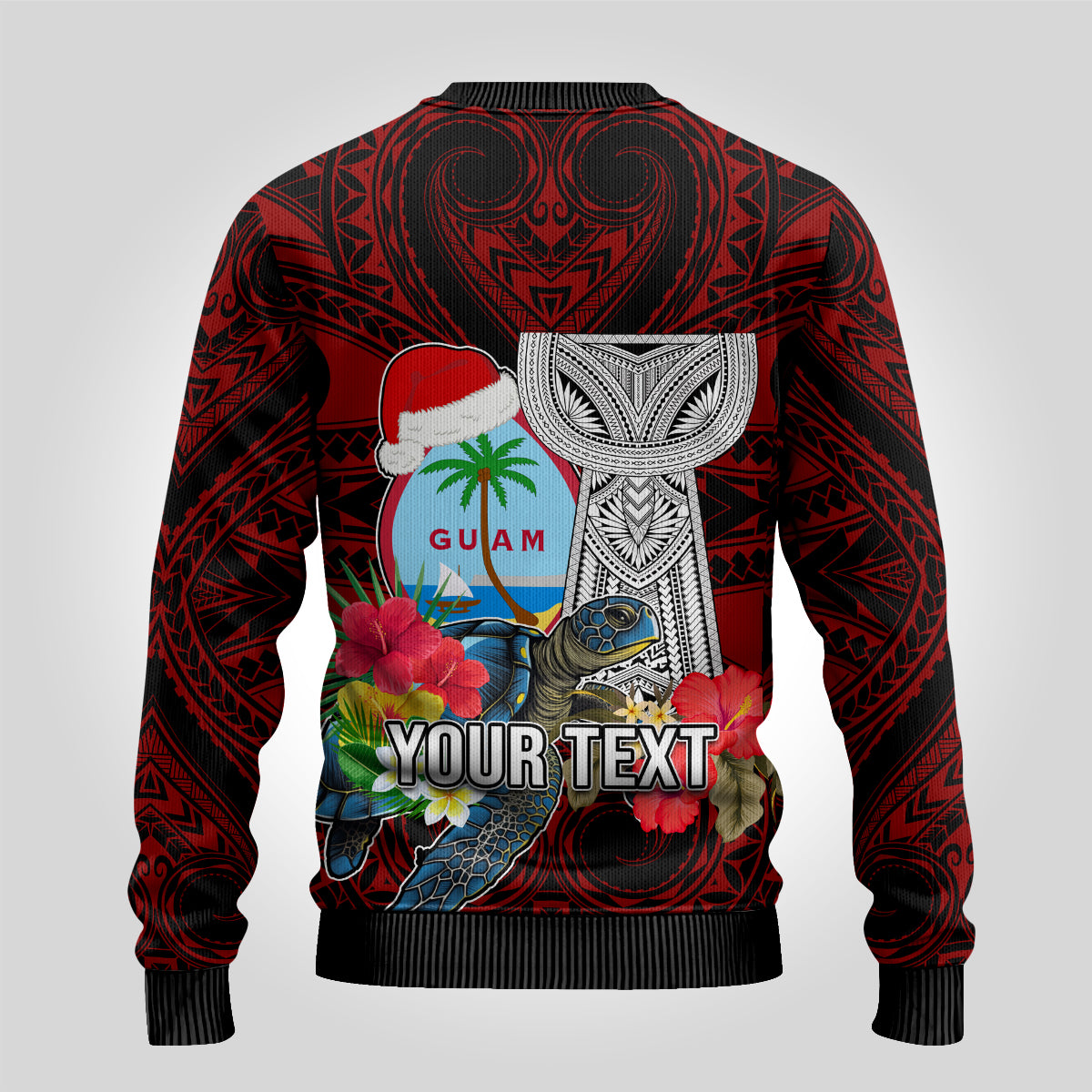 Custom Guam Christmas Ugly Christmas Sweater Santa Gift Latte Stone and Sea Turle Mix Hibiscus Chamorro Red Style LT03 - Polynesian Pride