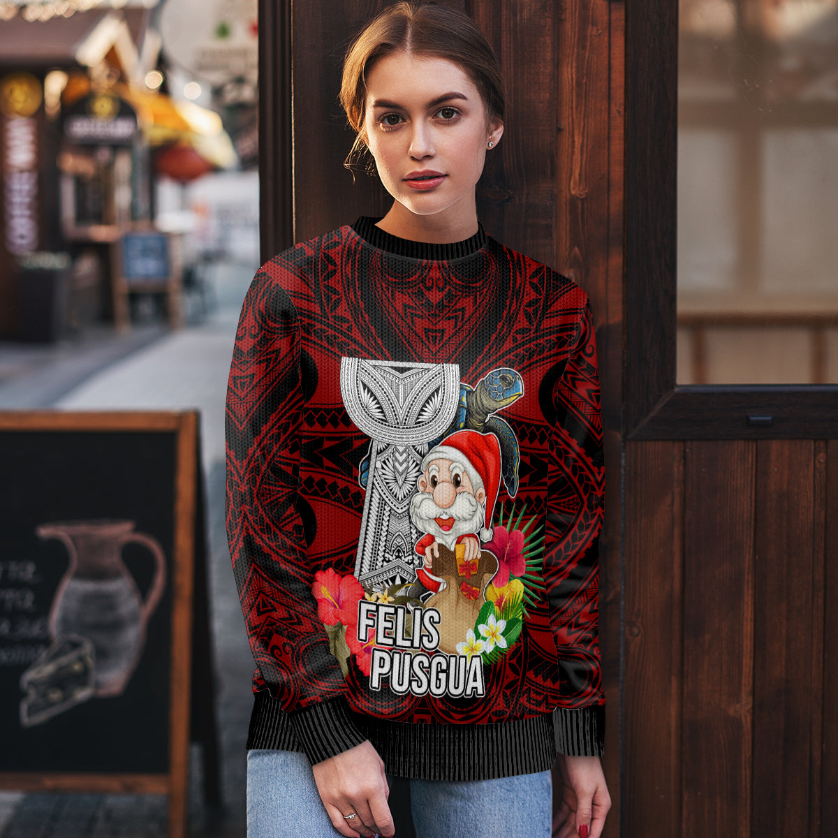 Custom Guam Christmas Ugly Christmas Sweater Santa Gift Latte Stone and Sea Turle Mix Hibiscus Chamorro Red Style LT03 - Polynesian Pride