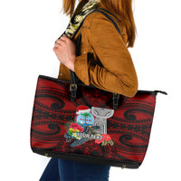 Custom Guam Christmas Leather Tote Bag Santa Gift Latte Stone and Sea Turle Mix Hibiscus Chamorro Red Style LT03 Red - Polynesian Pride
