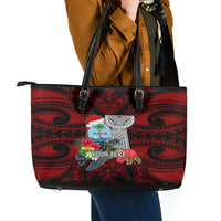 Custom Guam Christmas Leather Tote Bag Santa Gift Latte Stone and Sea Turle Mix Hibiscus Chamorro Red Style LT03 - Polynesian Pride