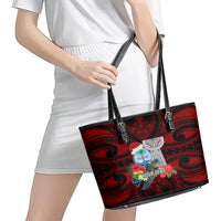 Custom Guam Christmas Leather Tote Bag Santa Gift Latte Stone and Sea Turle Mix Hibiscus Chamorro Red Style LT03 - Polynesian Pride