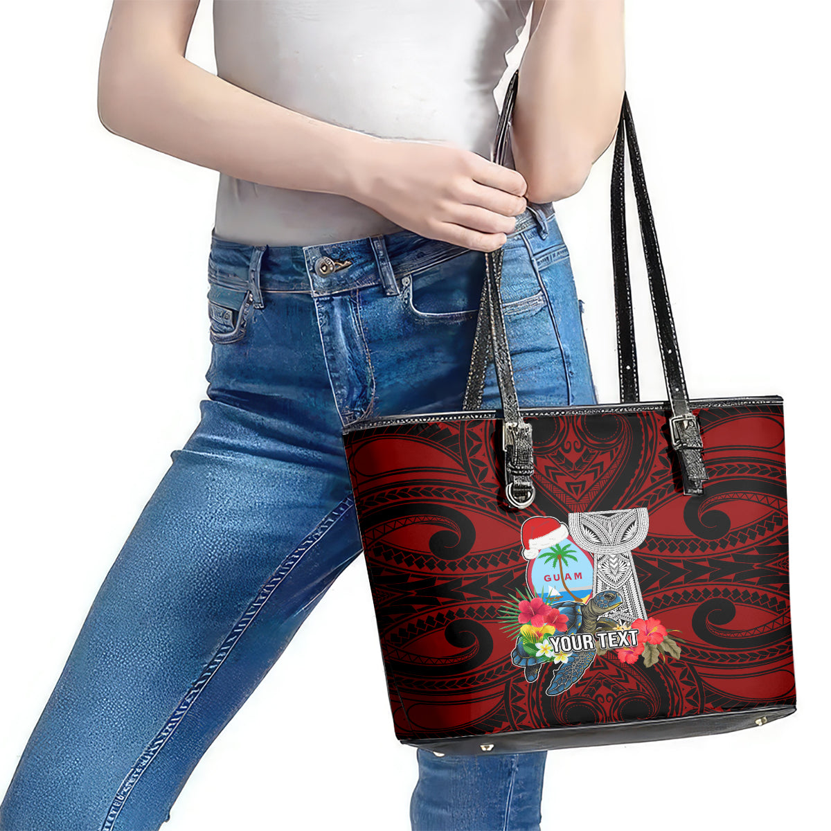 Custom Guam Christmas Leather Tote Bag Santa Gift Latte Stone and Sea Turle Mix Hibiscus Chamorro Red Style LT03 - Polynesian Pride