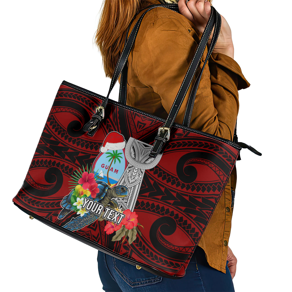 Custom Guam Christmas Leather Tote Bag Santa Gift Latte Stone and Sea Turle Mix Hibiscus Chamorro Red Style LT03 - Polynesian Pride