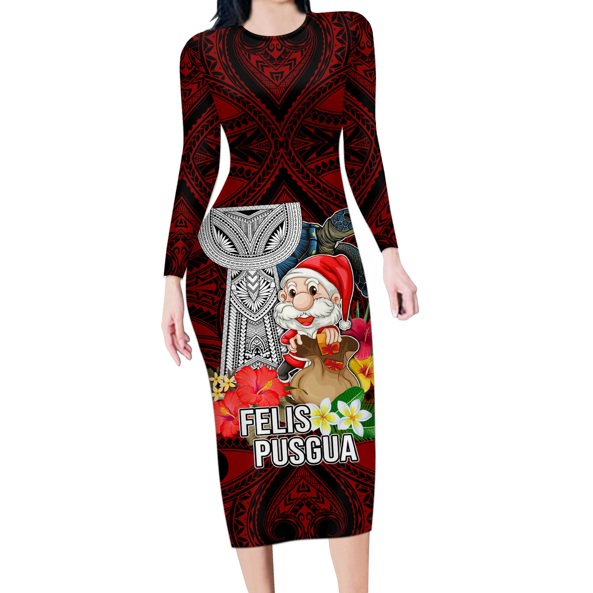 Custom Guam Christmas Long Sleeve Bodycon Dress Santa Gift Latte Stone and Sea Turle Mix Hibiscus Chamorro Red Style LT03 Long Dress Red - Polynesian Pride