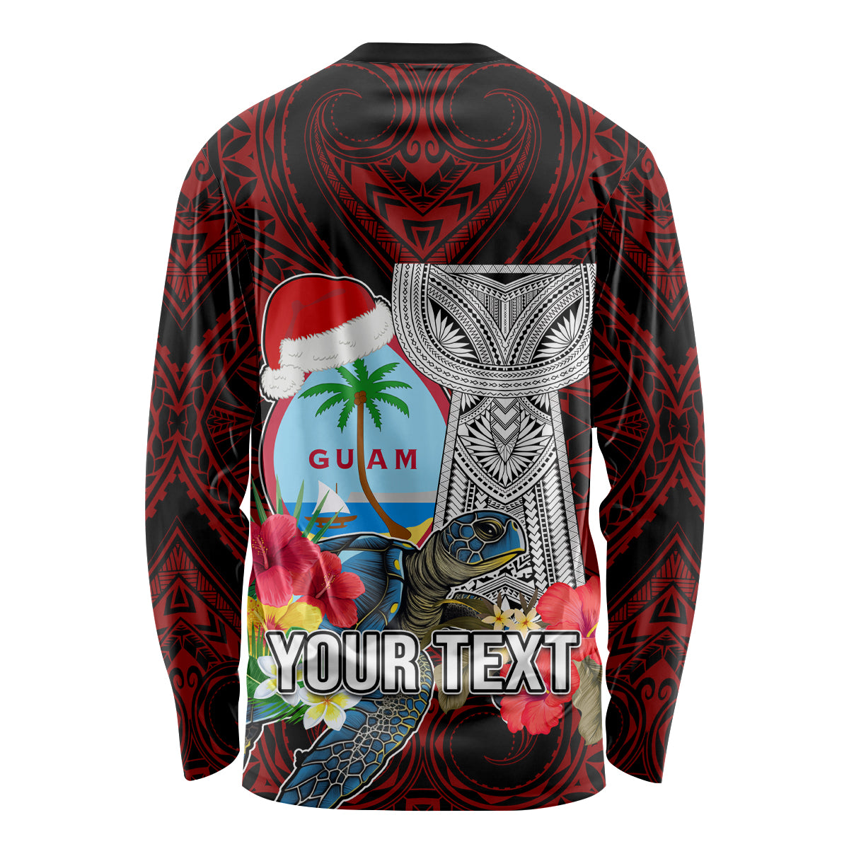 Custom Guam Christmas Long Sleeve Shirt Santa Gift Latte Stone and Sea Turle Mix Hibiscus Chamorro Red Style LT03 - Polynesian Pride