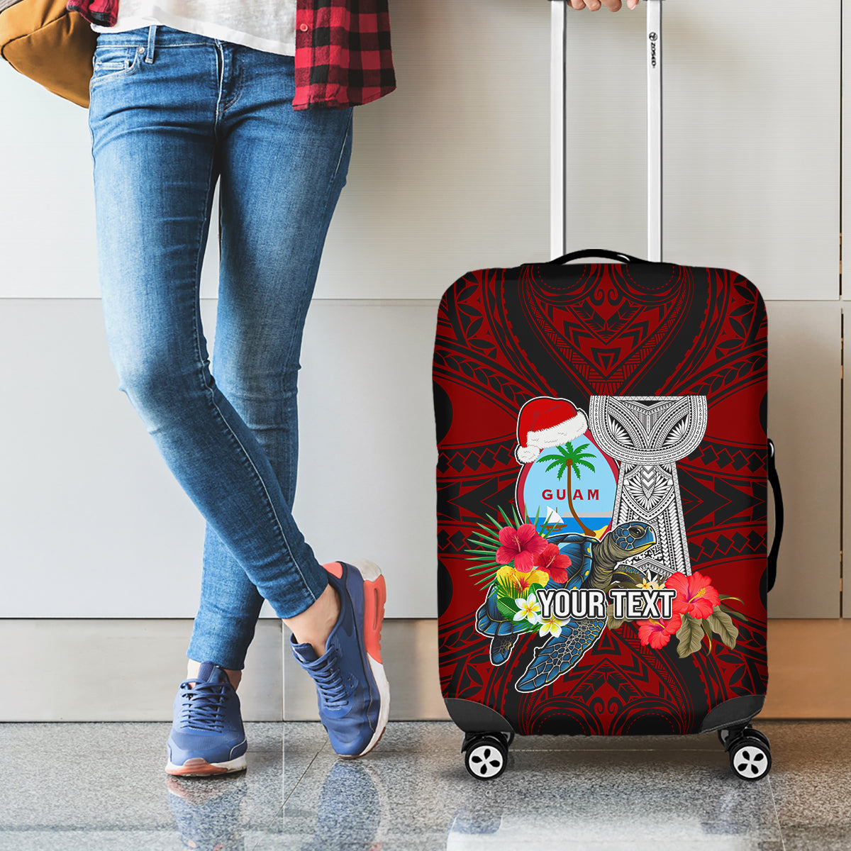 Custom Guam Christmas Luggage Cover Santa Gift Latte Stone and Sea Turle Mix Hibiscus Chamorro Red Style LT03 - Polynesian Pride