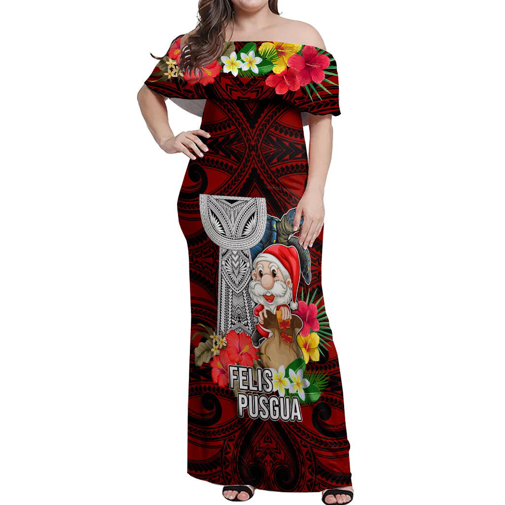 Custom Guam Christmas Off Shoulder Maxi Dress Santa Gift Latte Stone and Sea Turle Mix Hibiscus Chamorro Red Style LT03 Women Red - Polynesian Pride