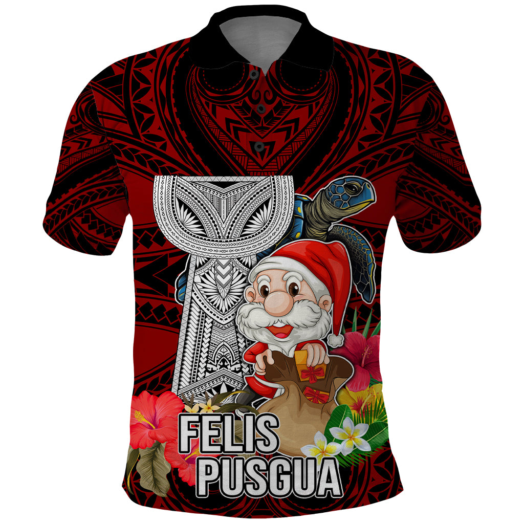 Custom Guam Christmas Polo Shirt Santa Gift Latte Stone and Sea Turle Mix Hibiscus Chamorro Red Style LT03 Red - Polynesian Pride