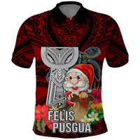 Custom Guam Christmas Polo Shirt Santa Gift Latte Stone and Sea Turle Mix Hibiscus Chamorro Red Style LT03 Red - Polynesian Pride
