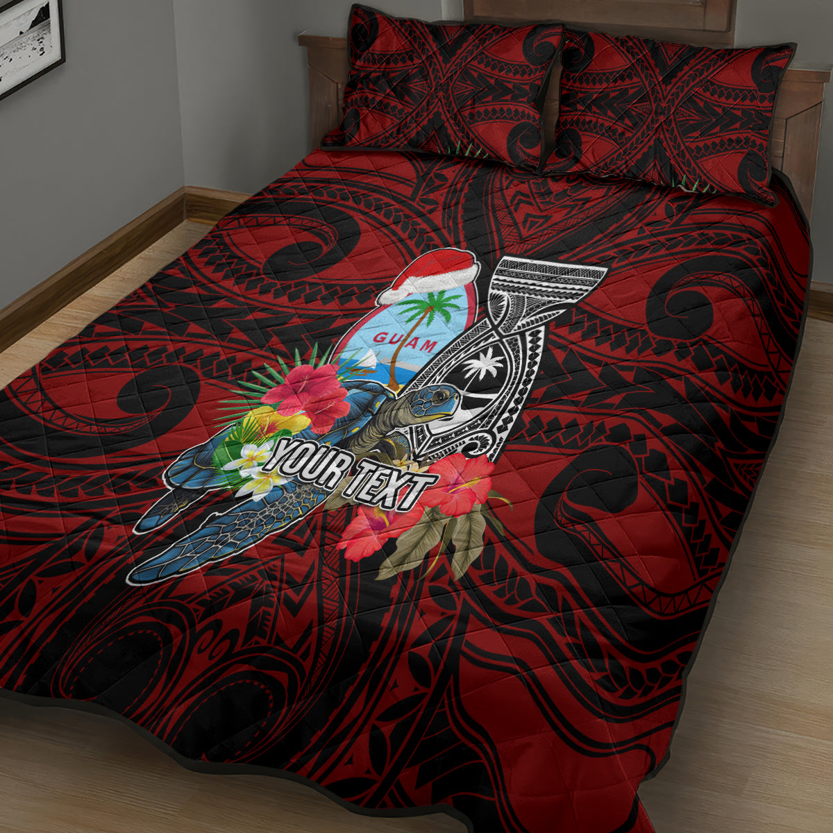 Custom Guam Christmas Quilt Bed Set Santa Gift Latte Stone and Sea Turle Mix Hibiscus Chamorro Red Style LT03
