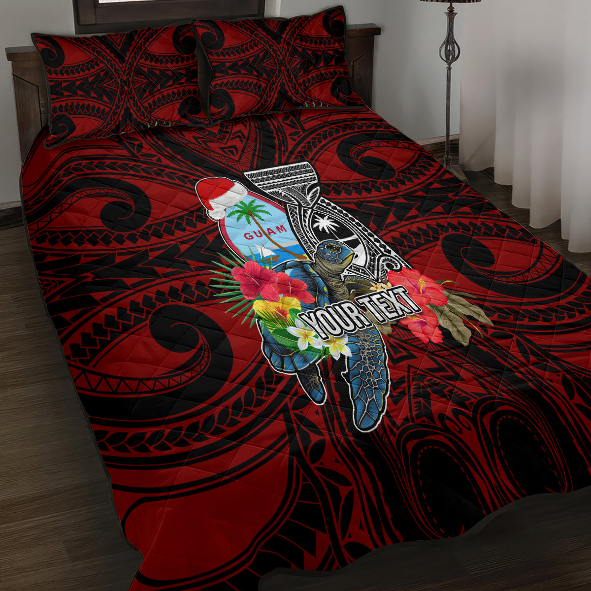 Custom Guam Christmas Quilt Bed Set Santa Gift Latte Stone and Sea Turle Mix Hibiscus Chamorro Red Style LT03