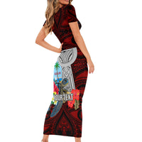 Custom Guam Christmas Short Sleeve Bodycon Dress Santa Gift Latte Stone and Sea Turle Mix Hibiscus Chamorro Red Style LT03 - Polynesian Pride