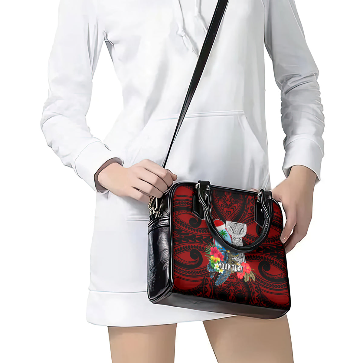 Custom Guam Christmas Shoulder Handbag Santa Gift Latte Stone and Sea Turle Mix Hibiscus Chamorro Red Style LT03