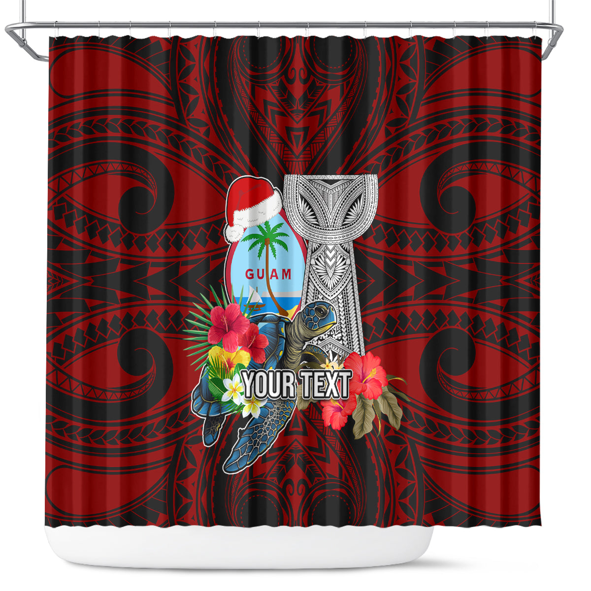 Custom Guam Christmas Shower Curtain Santa Gift Latte Stone and Sea Turle Mix Hibiscus Chamorro Red Style LT03 Red - Polynesian Pride