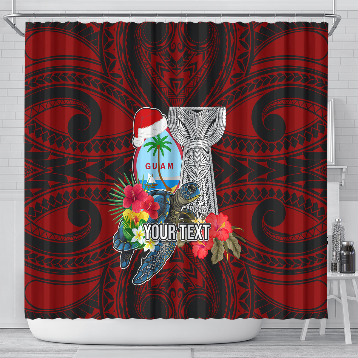 Custom Guam Christmas Shower Curtain Santa Gift Latte Stone and Sea Turle Mix Hibiscus Chamorro Red Style LT03 - Polynesian Pride