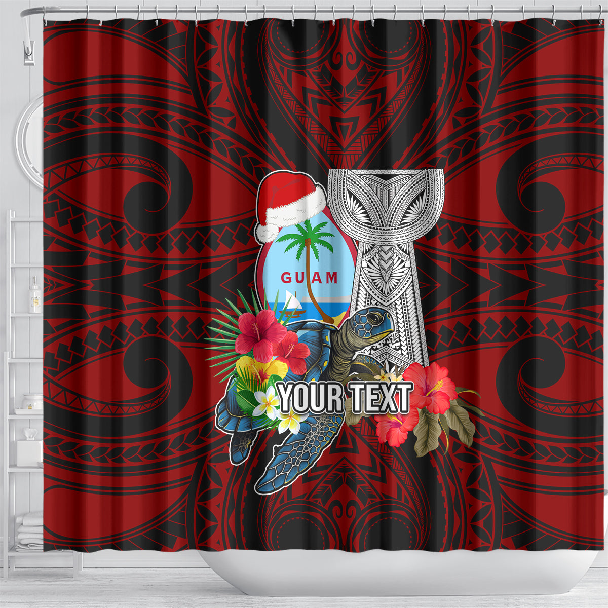 Custom Guam Christmas Shower Curtain Santa Gift Latte Stone and Sea Turle Mix Hibiscus Chamorro Red Style LT03 - Polynesian Pride