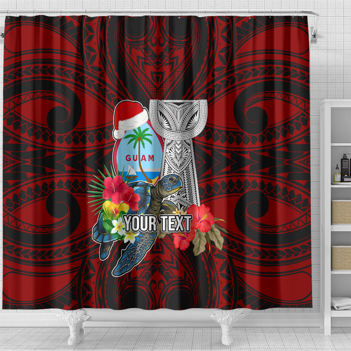 Custom Guam Christmas Shower Curtain Santa Gift Latte Stone and Sea Turle Mix Hibiscus Chamorro Red Style LT03 - Polynesian Pride