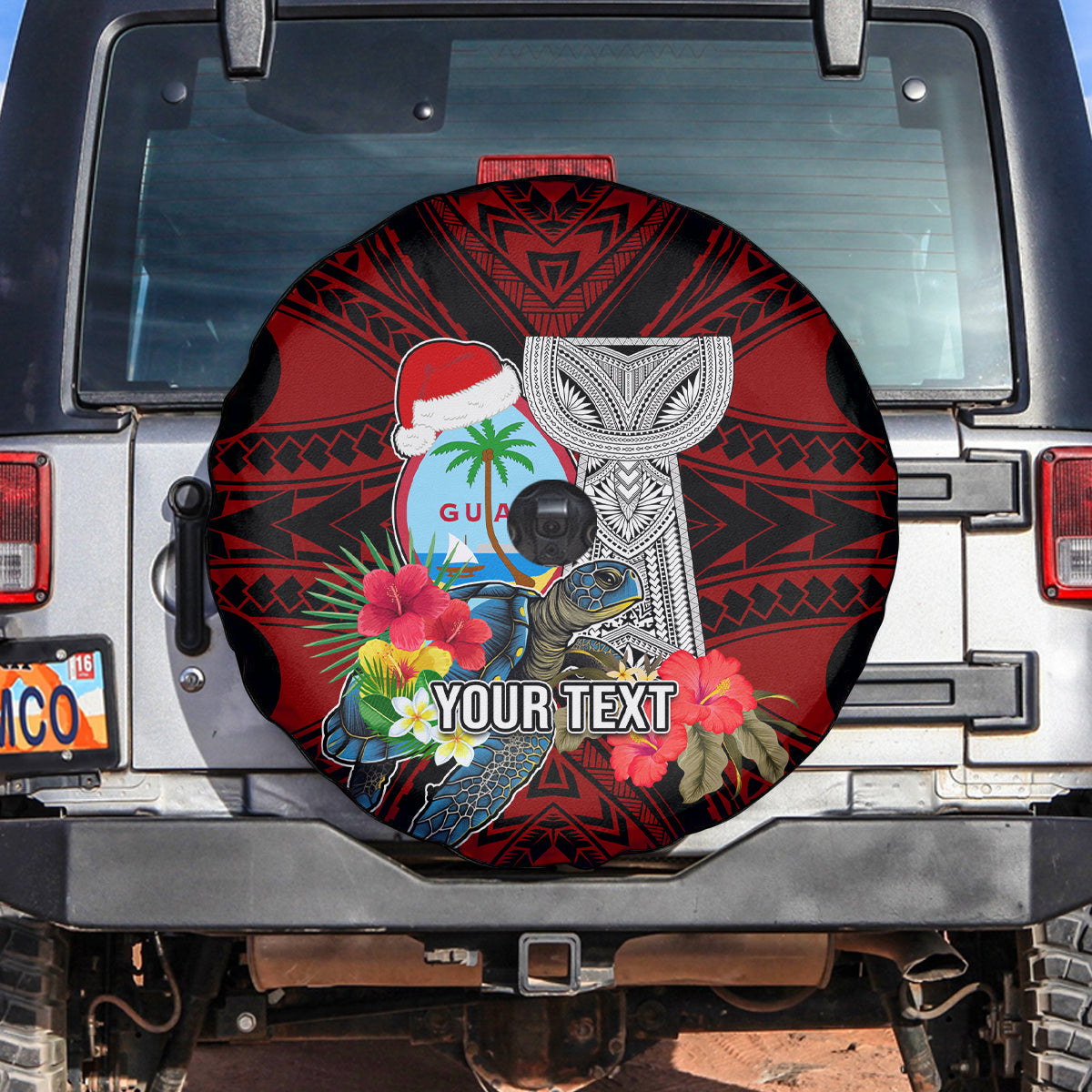Custom Guam Christmas Spare Tire Cover Santa Gift Latte Stone and Sea Turle Mix Hibiscus Chamorro Red Style LT03 Red - Polynesian Pride