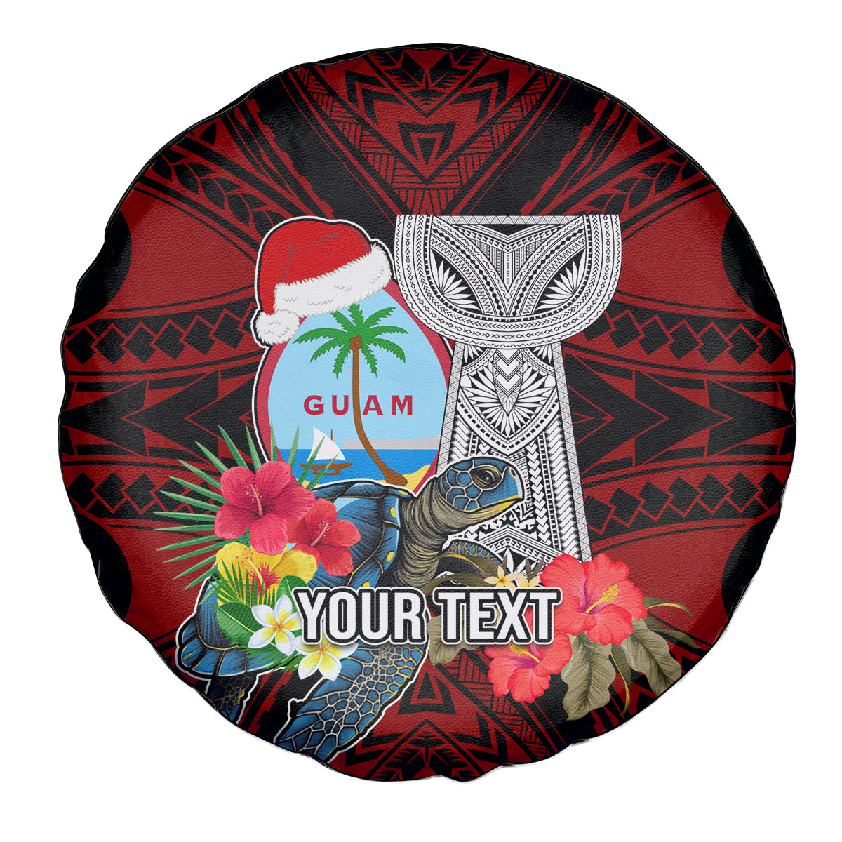 Custom Guam Christmas Spare Tire Cover Santa Gift Latte Stone and Sea Turle Mix Hibiscus Chamorro Red Style LT03 - Polynesian Pride