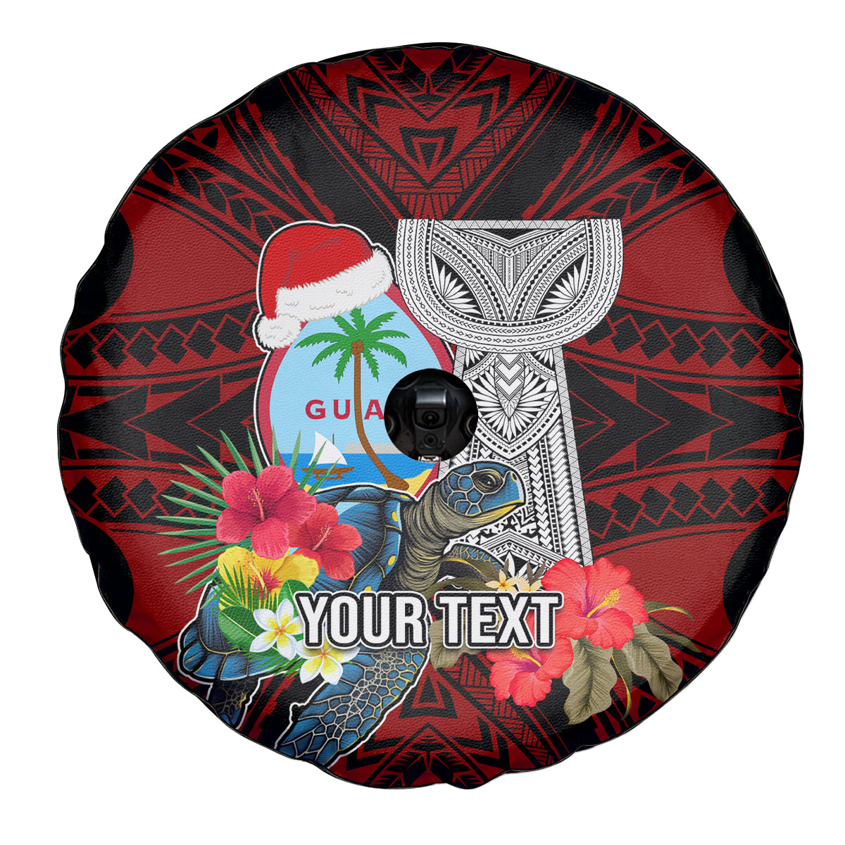 Custom Guam Christmas Spare Tire Cover Santa Gift Latte Stone and Sea Turle Mix Hibiscus Chamorro Red Style LT03 - Polynesian Pride
