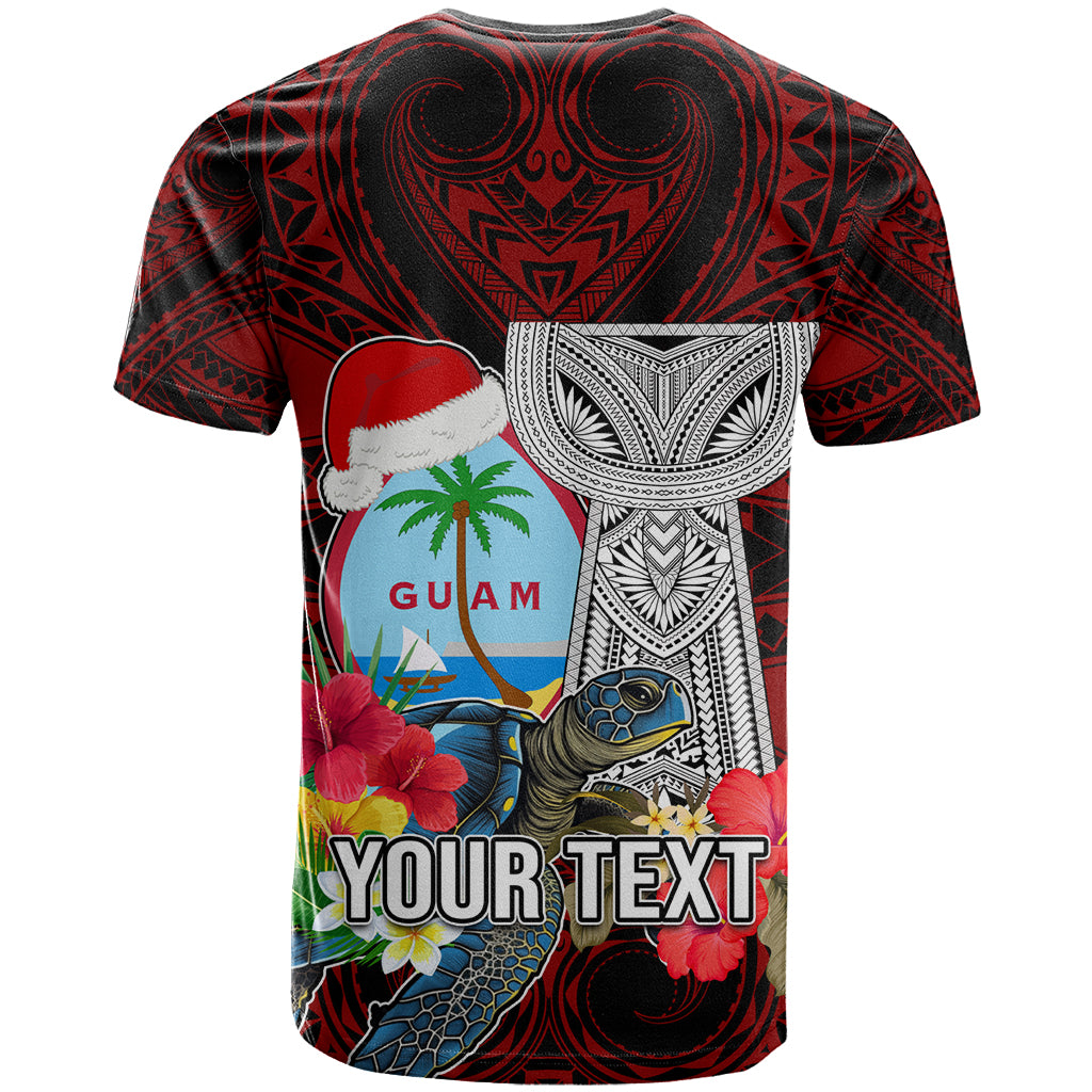 Custom Guam Christmas T Shirt Santa Gift Latte Stone and Sea Turle Mix Hibiscus Chamorro Red Style LT03 - Polynesian Pride