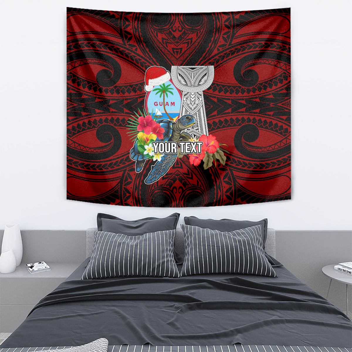 Custom Guam Christmas Tapestry Santa Gift Latte Stone and Sea Turle Mix Hibiscus Chamorro Red Style LT03