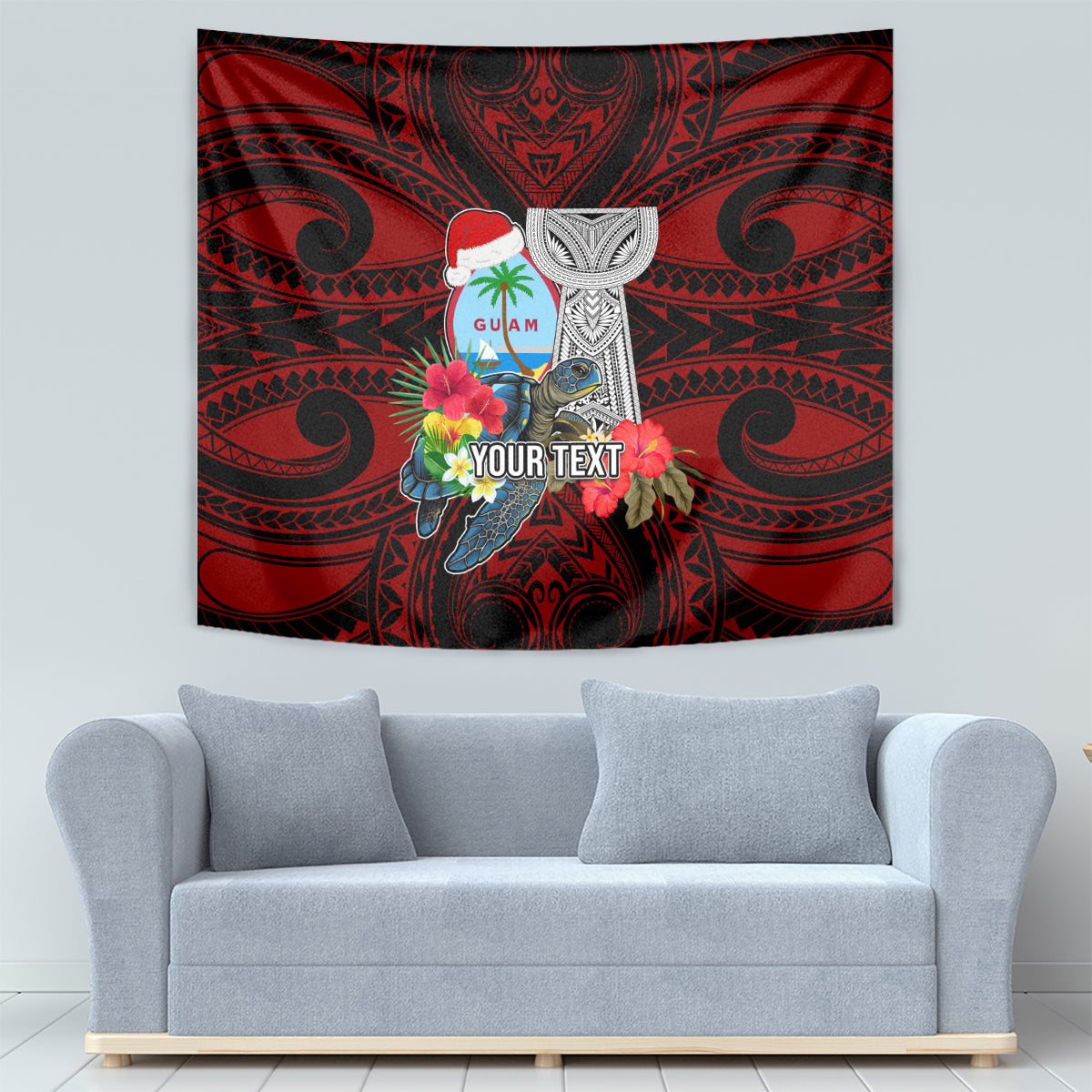 Custom Guam Christmas Tapestry Santa Gift Latte Stone and Sea Turle Mix Hibiscus Chamorro Red Style LT03