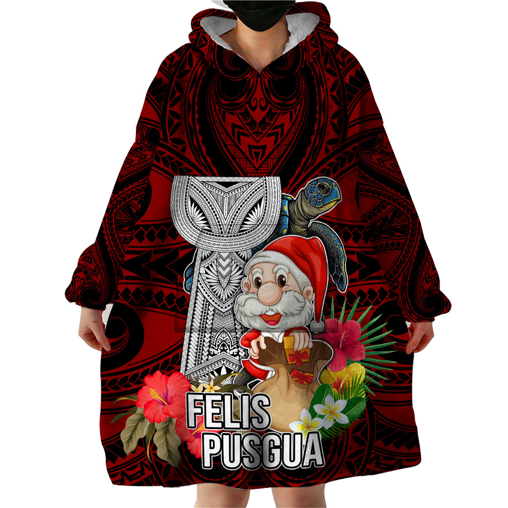 Custom Guam Christmas Wearable Blanket Hoodie Santa Gift Latte Stone and Sea Turle Mix Hibiscus Chamorro Red Style LT03 - Polynesian Pride