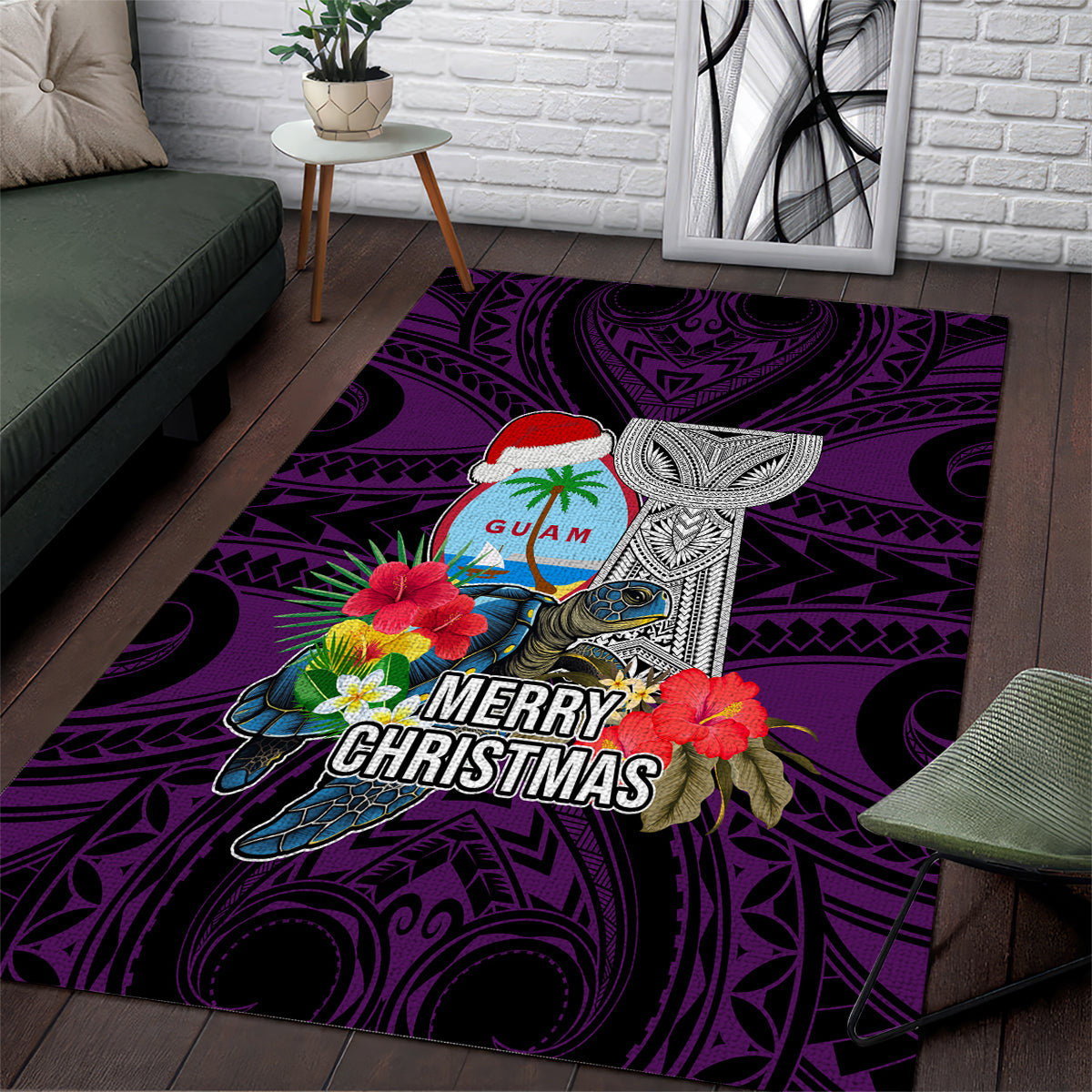 Guam Christmas Area Rug Santa Gift Latte Stone and Sea Turle Mix Hibiscus Chamorro Pink Style LT03 Pink - Polynesian Pride