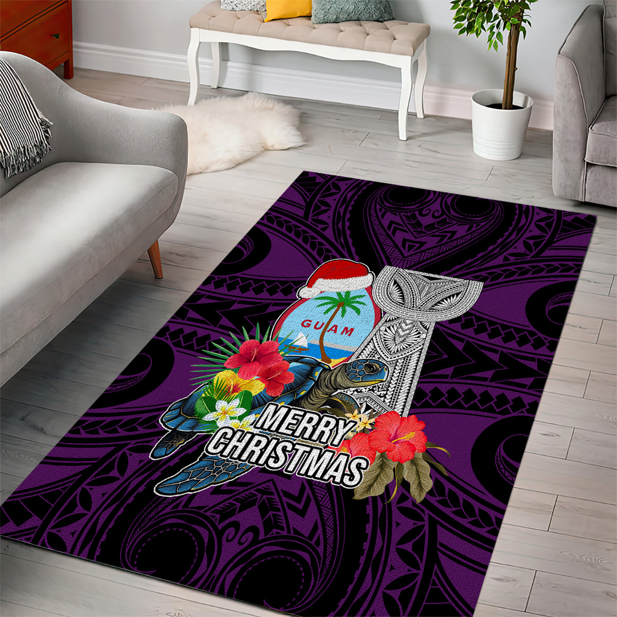 Guam Christmas Area Rug Santa Gift Latte Stone and Sea Turle Mix Hibiscus Chamorro Pink Style LT03 - Polynesian Pride