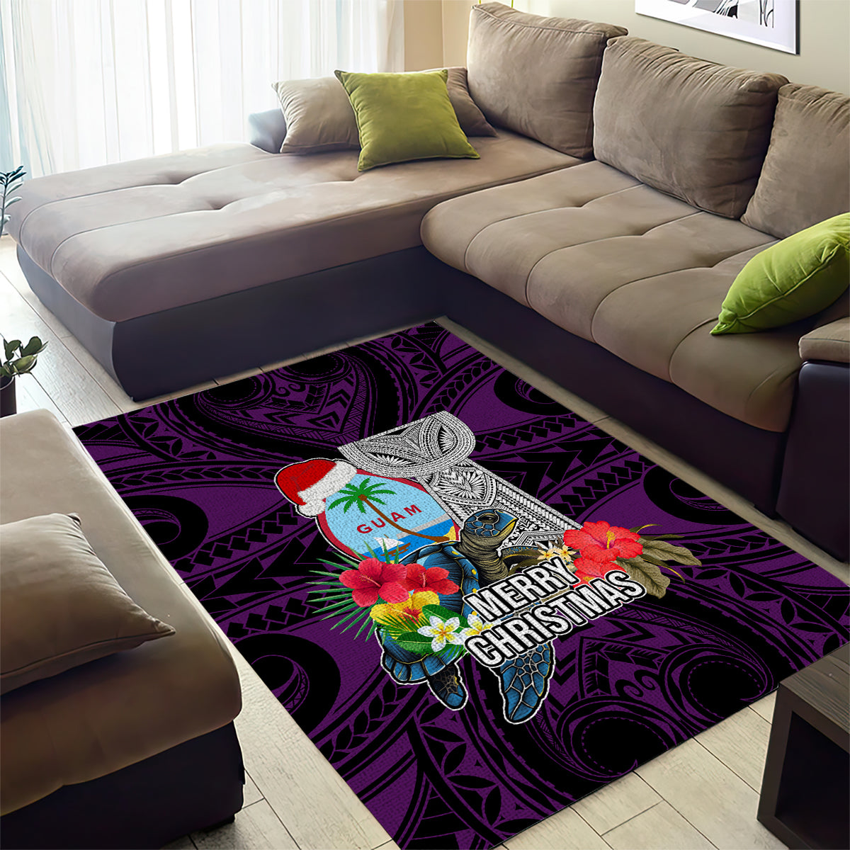 Guam Christmas Area Rug Santa Gift Latte Stone and Sea Turle Mix Hibiscus Chamorro Pink Style LT03 - Polynesian Pride