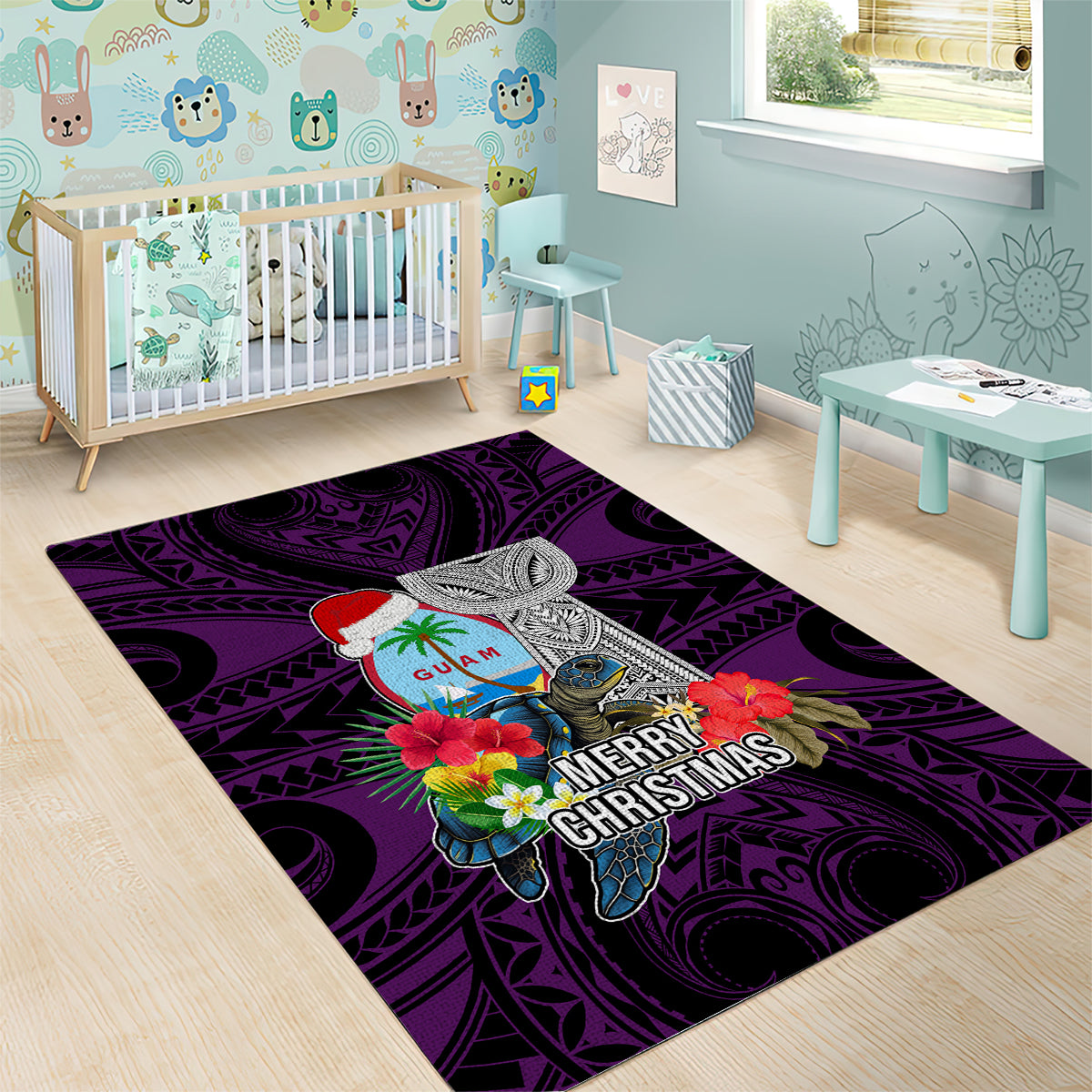 Guam Christmas Area Rug Santa Gift Latte Stone and Sea Turle Mix Hibiscus Chamorro Pink Style LT03 - Polynesian Pride
