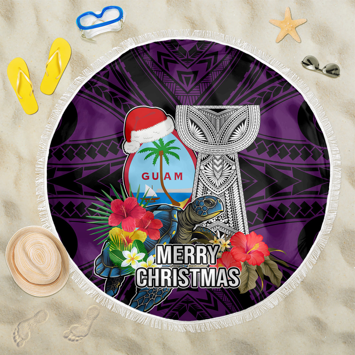 Guam Christmas Beach Blanket Santa Gift Latte Stone and Sea Turle Mix Hibiscus Chamorro Pink Style LT03