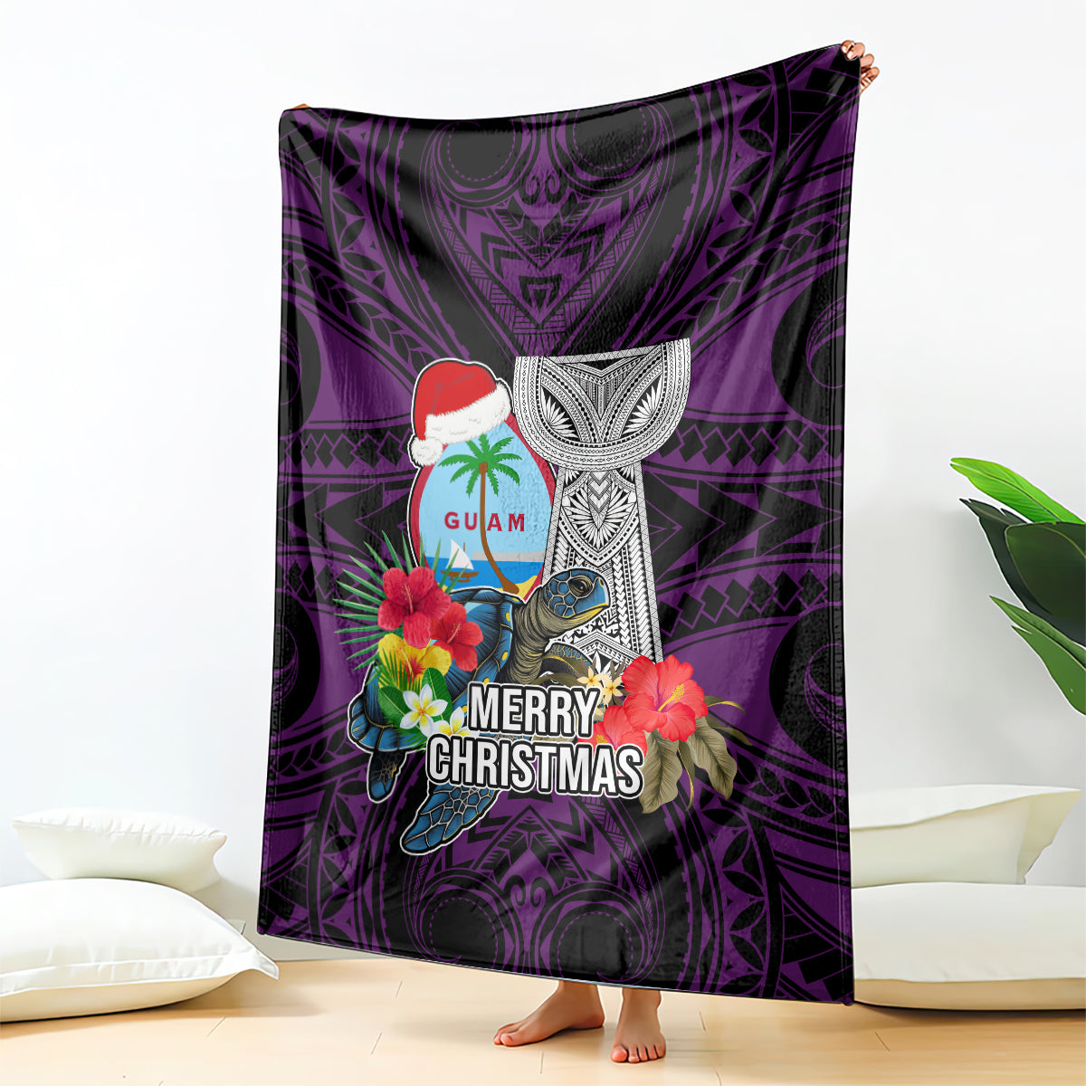 Guam Christmas Blanket Santa Gift Latte Stone and Sea Turle Mix Hibiscus Chamorro Pink Style LT03