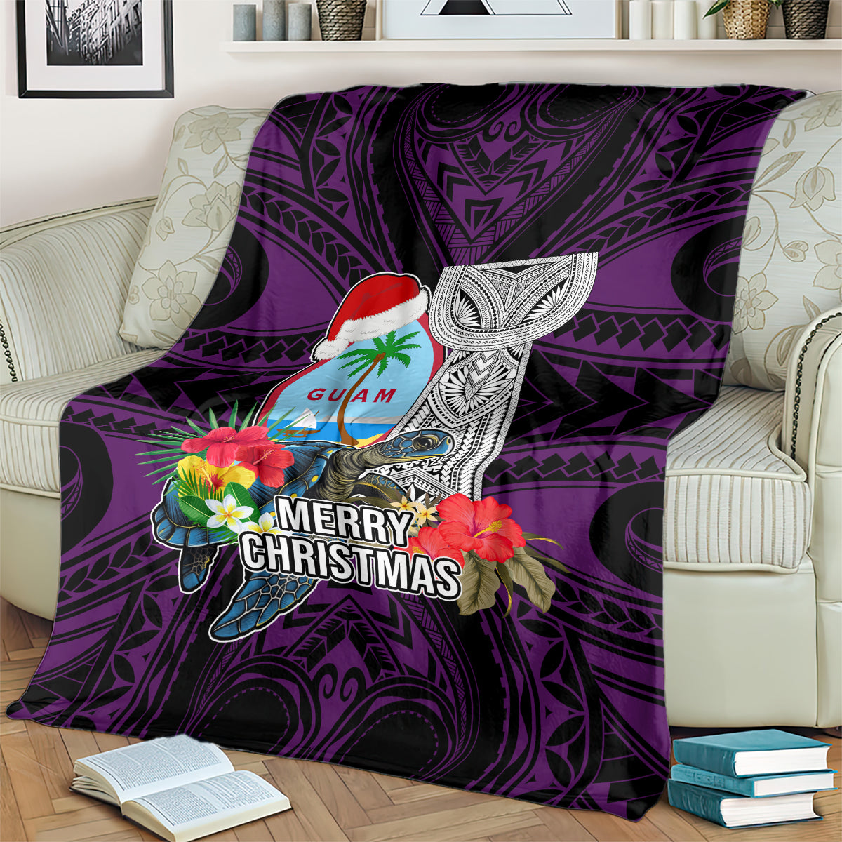 Guam Christmas Blanket Santa Gift Latte Stone and Sea Turle Mix Hibiscus Chamorro Pink Style LT03