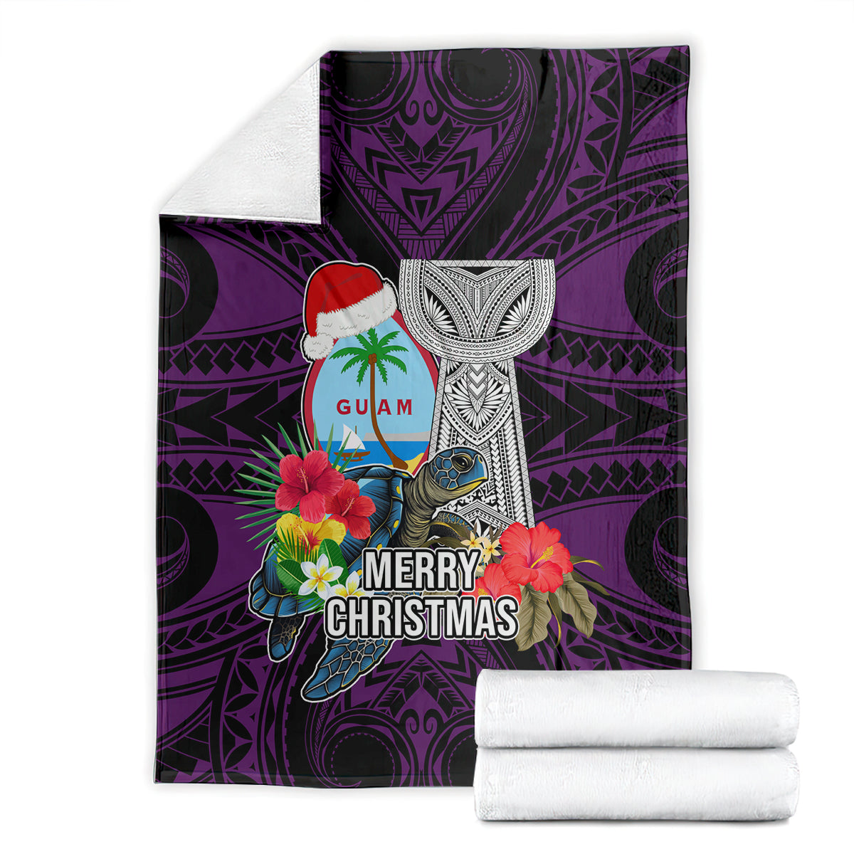 Guam Christmas Blanket Santa Gift Latte Stone and Sea Turle Mix Hibiscus Chamorro Pink Style LT03
