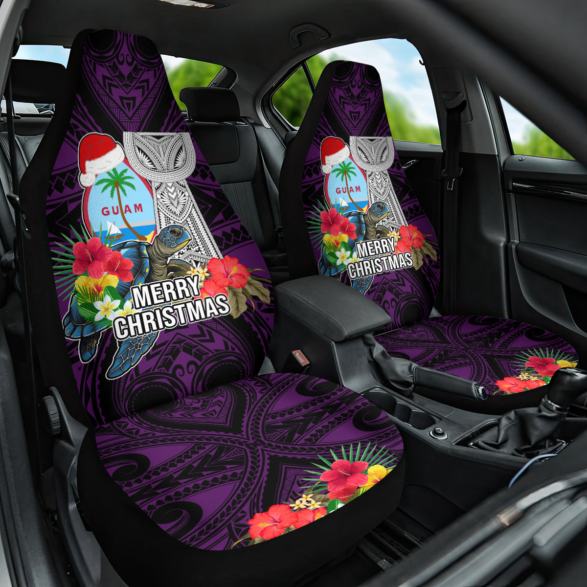 Guam Christmas Car Seat Cover Santa Gift Latte Stone and Sea Turle Mix Hibiscus Chamorro Pink Style LT03 One Size Pink - Polynesian Pride