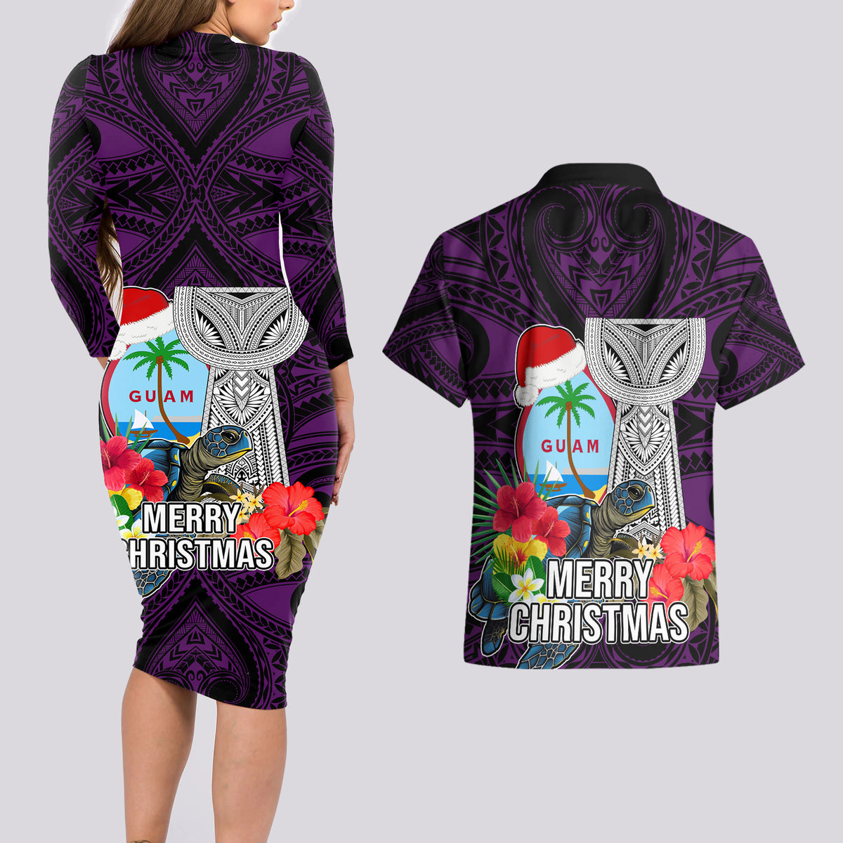 Guam Christmas Couples Matching Long Sleeve Bodycon Dress and Hawaiian Shirt Santa Gift Latte Stone and Sea Turle Mix Hibiscus Chamorro Pink Style LT03 - Polynesian Pride