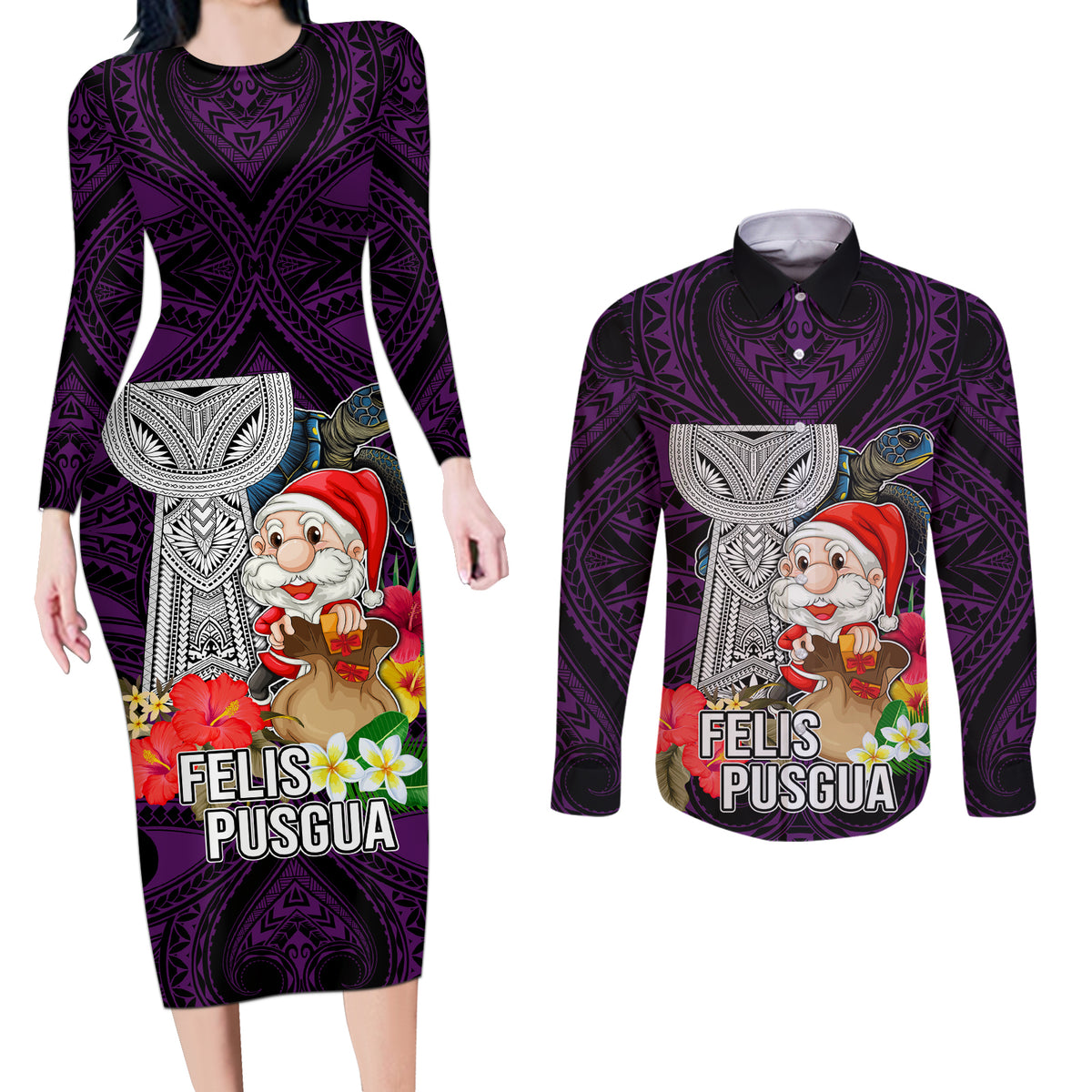 Guam Christmas Couples Matching Long Sleeve Bodycon Dress and Long Sleeve Button Shirt Santa Gift Latte Stone and Sea Turle Mix Hibiscus Chamorro Pink Style LT03 Pink - Polynesian Pride