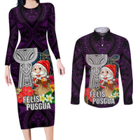 Guam Christmas Couples Matching Long Sleeve Bodycon Dress and Long Sleeve Button Shirt Santa Gift Latte Stone and Sea Turle Mix Hibiscus Chamorro Pink Style LT03 Pink - Polynesian Pride