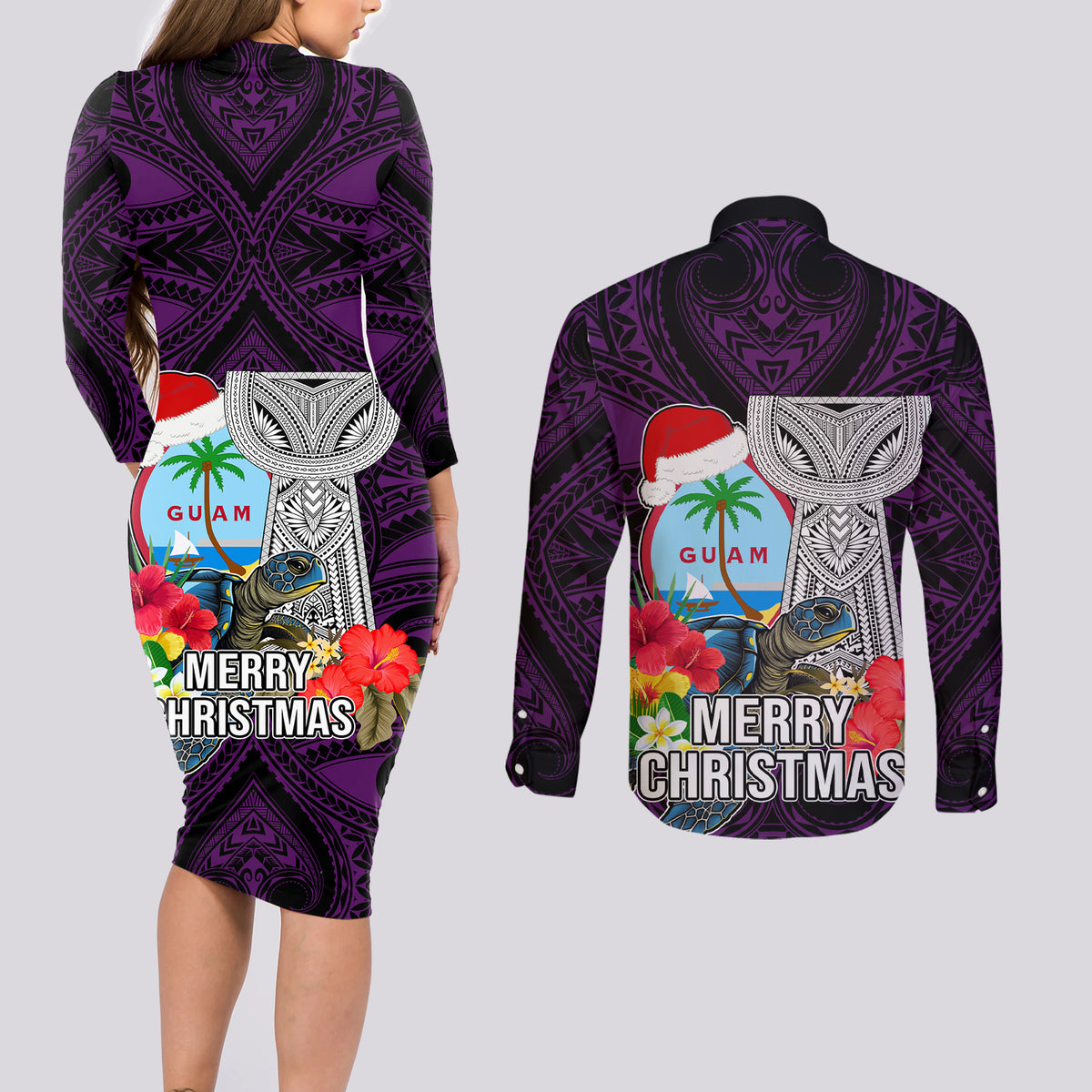 Guam Christmas Couples Matching Long Sleeve Bodycon Dress and Long Sleeve Button Shirt Santa Gift Latte Stone and Sea Turle Mix Hibiscus Chamorro Pink Style LT03 - Polynesian Pride