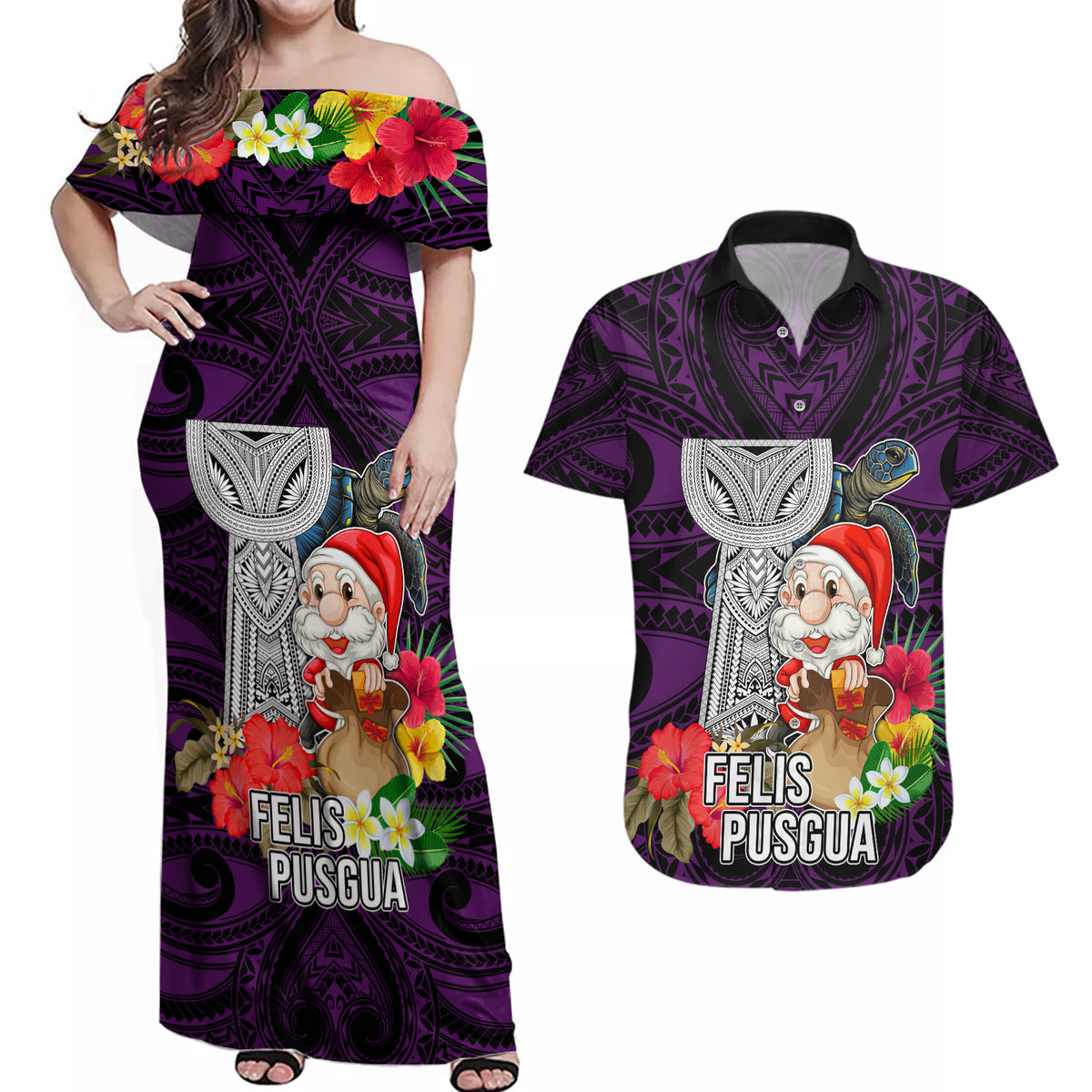 Guam Christmas Couples Matching Off Shoulder Maxi Dress and Hawaiian Shirt Santa Gift Latte Stone and Sea Turle Mix Hibiscus Chamorro Pink Style LT03 Pink - Polynesian Pride