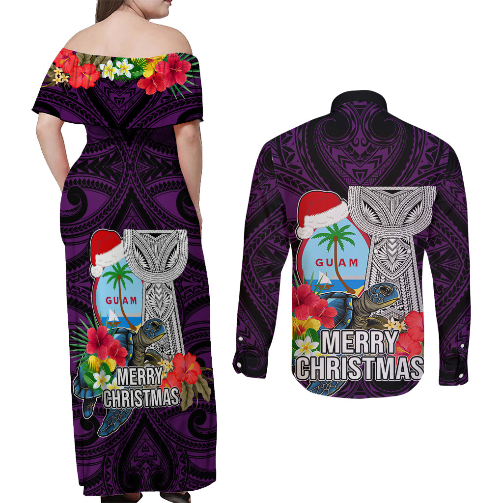 Guam Christmas Couples Matching Off Shoulder Maxi Dress and Long Sleeve Button Shirt Santa Gift Latte Stone and Sea Turle Mix Hibiscus Chamorro Pink Style LT03 - Polynesian Pride