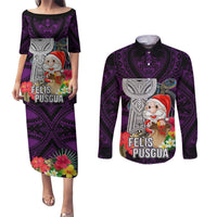 Guam Christmas Couples Matching Puletasi Dress and Long Sleeve Button Shirt Santa Gift Latte Stone and Sea Turle Mix Hibiscus Chamorro Pink Style LT03 Pink - Polynesian Pride