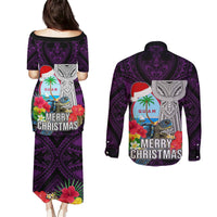 Guam Christmas Couples Matching Puletasi Dress and Long Sleeve Button Shirt Santa Gift Latte Stone and Sea Turle Mix Hibiscus Chamorro Pink Style LT03 - Polynesian Pride
