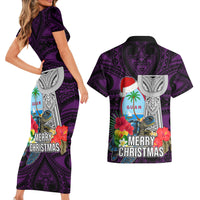 Guam Christmas Couples Matching Short Sleeve Bodycon Dress and Hawaiian Shirt Santa Gift Latte Stone and Sea Turle Mix Hibiscus Chamorro Pink Style LT03 - Polynesian Pride
