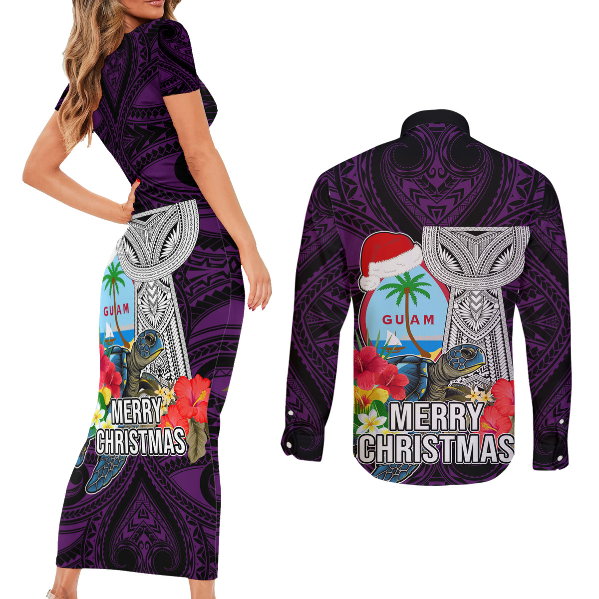 Guam Christmas Couples Matching Short Sleeve Bodycon Dress and Long Sleeve Button Shirt Santa Gift Latte Stone and Sea Turle Mix Hibiscus Chamorro Pink Style LT03 - Polynesian Pride