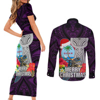 Guam Christmas Couples Matching Short Sleeve Bodycon Dress and Long Sleeve Button Shirt Santa Gift Latte Stone and Sea Turle Mix Hibiscus Chamorro Pink Style LT03 - Polynesian Pride