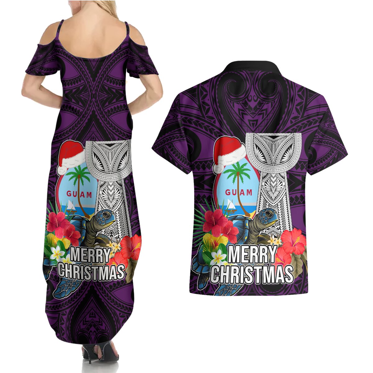 Guam Christmas Couples Matching Summer Maxi Dress and Hawaiian Shirt Santa Gift Latte Stone and Sea Turle Mix Hibiscus Chamorro Pink Style LT03 - Polynesian Pride